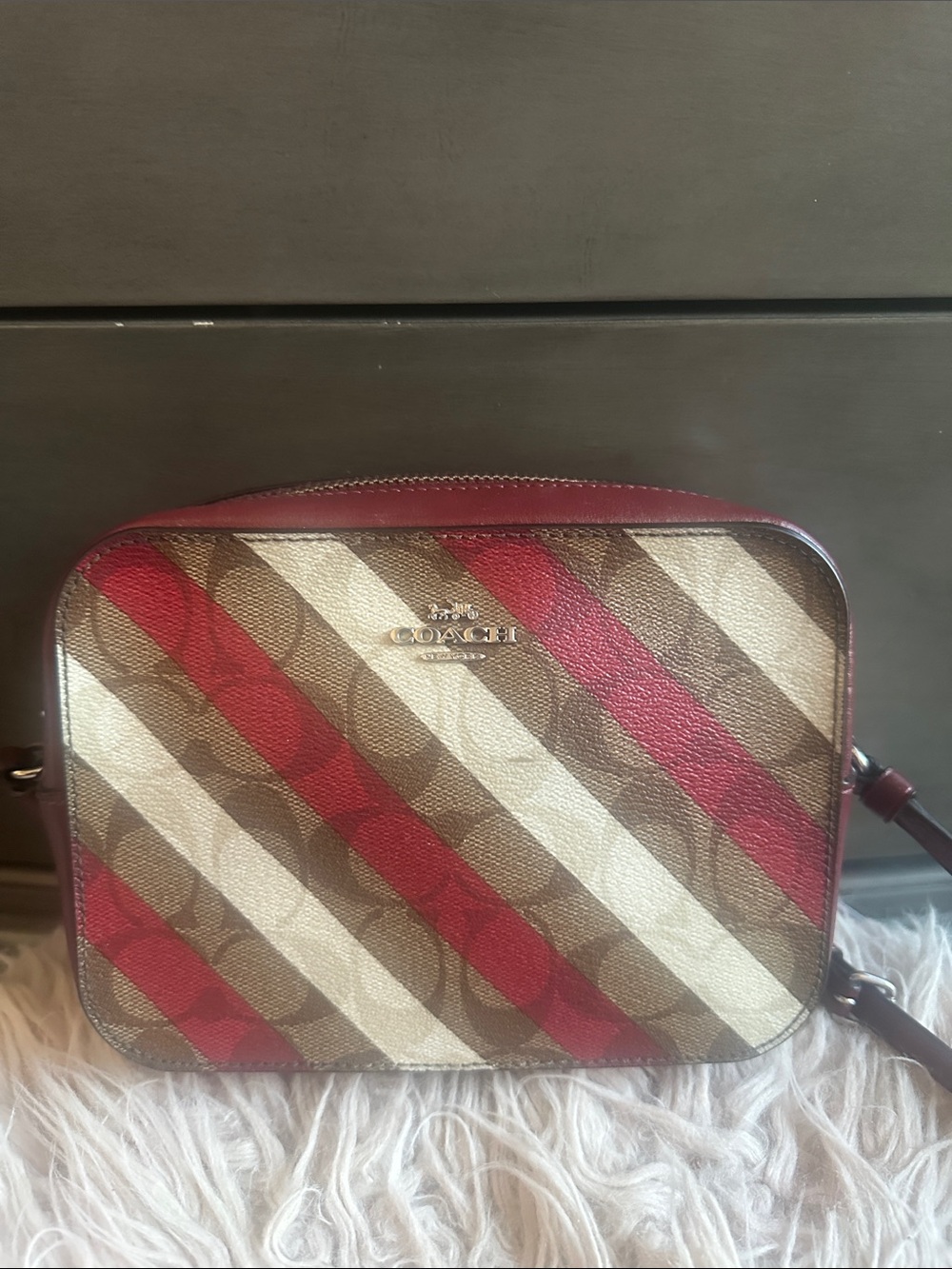 Coach Diagonal Stripe Signature Crossbody in Red/Brown/Cream